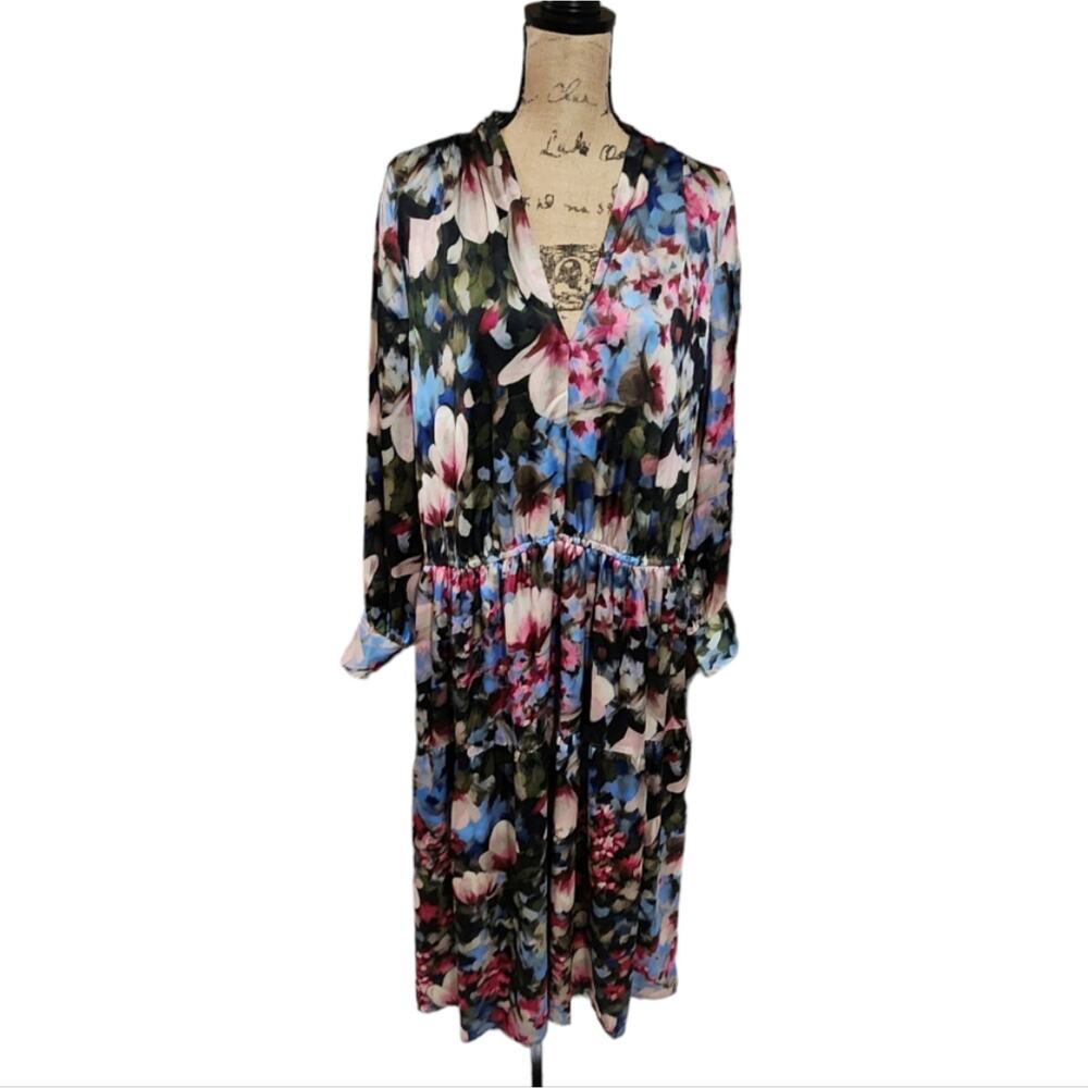 Anne Klein Floral V-Neck Long Sleeve Elastic Waist Maxi‎ Dress Plus Size 3X New